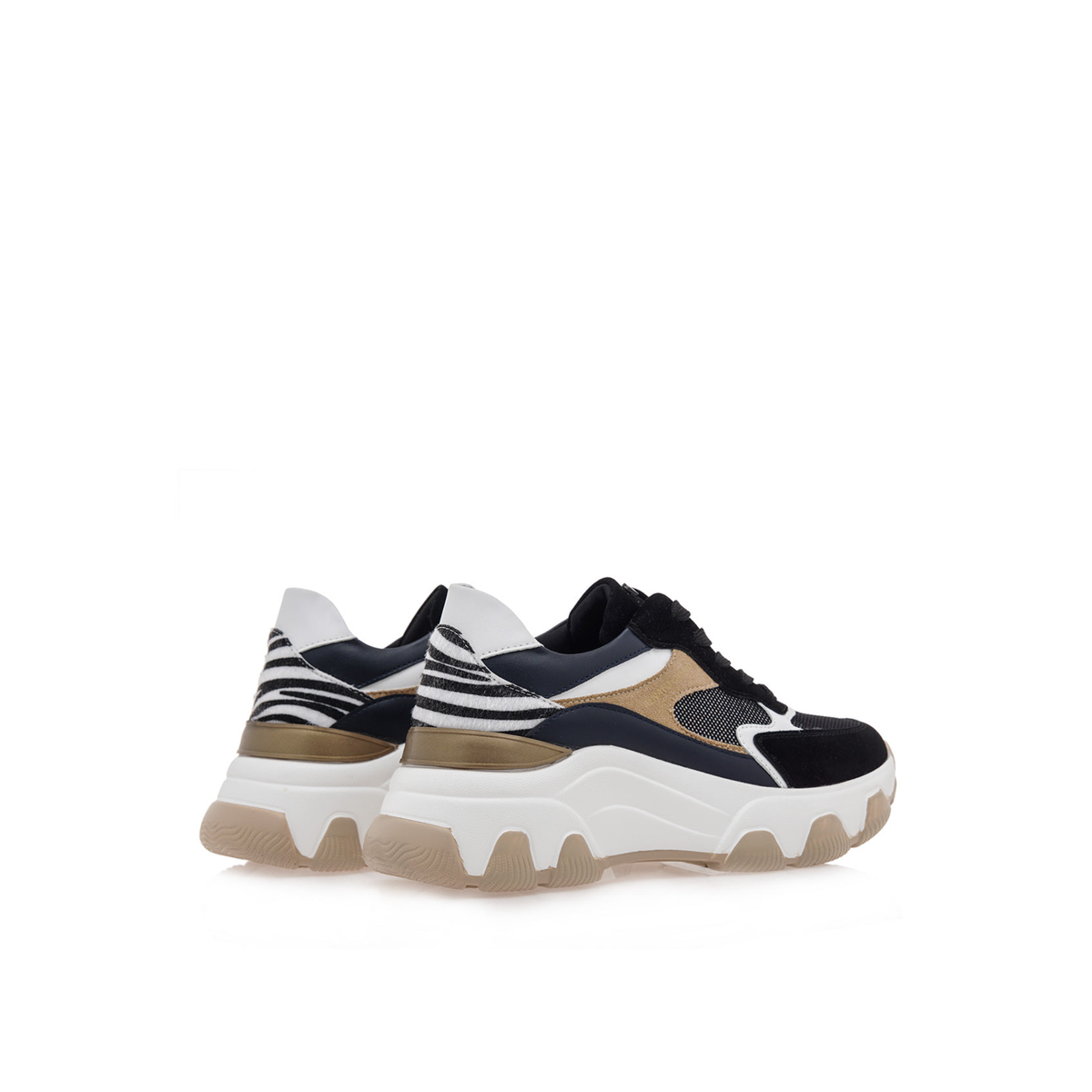 Rear angled view of Renato Garini 22S EX31 black and blue platform sneakers showing zebra heel panels and beige tread accents