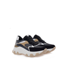 Pair of Renato Garini 22S EX31 black and blue platform sneakers at a three-quarter angle, showing layered panels and zebra heel accents