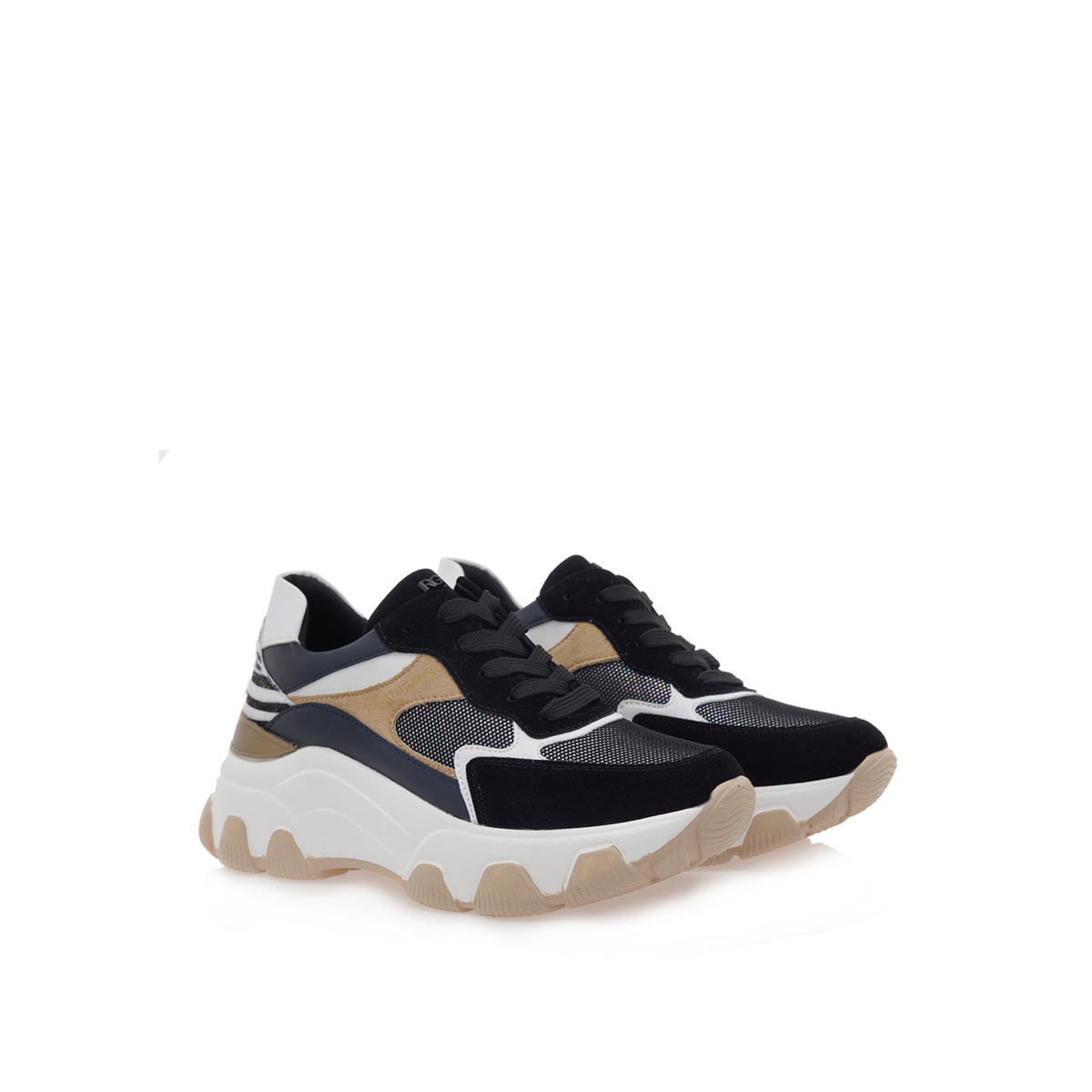 Pair of Renato Garini 22S EX31 black and blue platform sneakers at a three-quarter angle, showing layered panels and zebra heel accents
