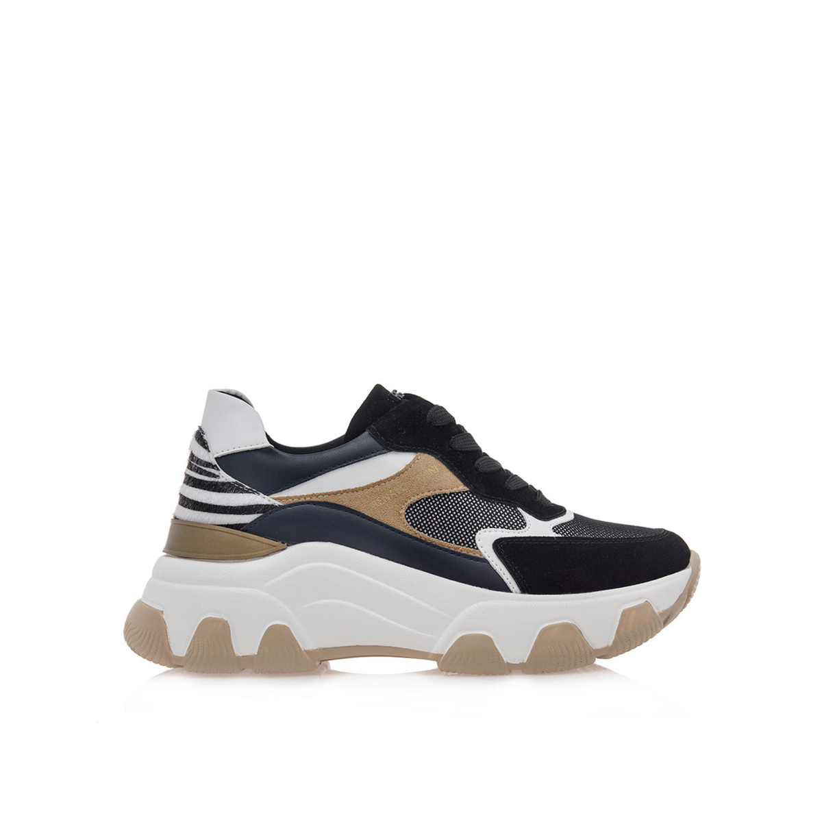 Renato Garini 22S EX31 platform sneaker in black and blue with zebra heel accent and sculpted white sole, side profile