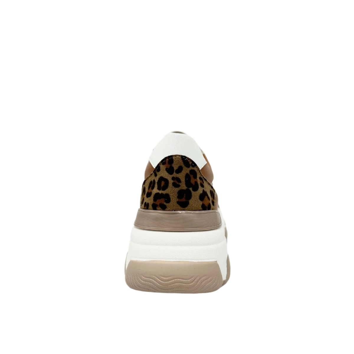Rear view of Renato Garini 22S EX31 pink and beige platform sneaker showing leopard-print heel panel and white heel tab