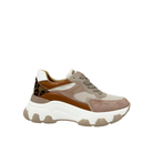 Renato Garini 22S EX31 pink and beige platform sneaker with leopard heel accent and sculpted white sole, side profile
