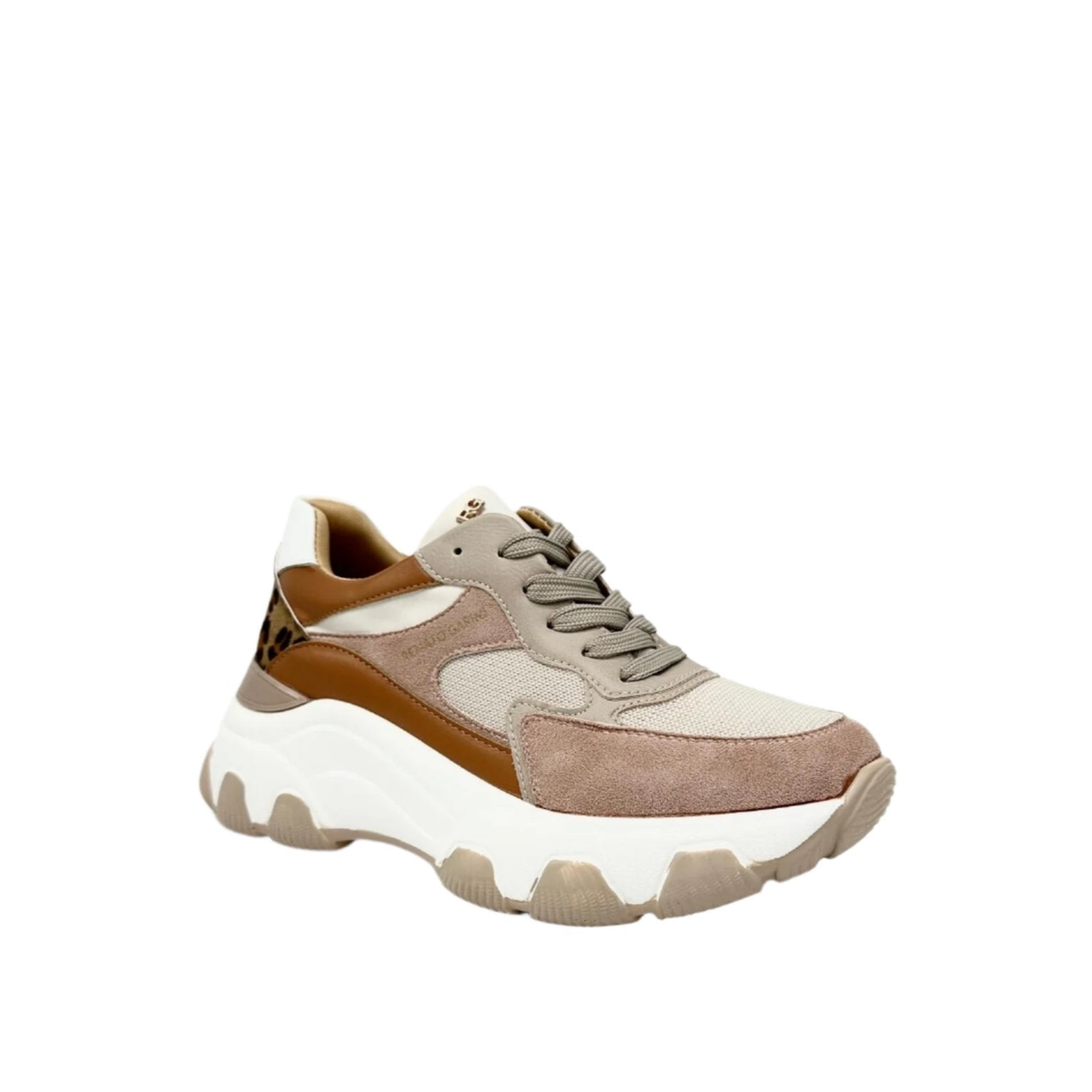 Renato Garini 22S EX31 pink and beige platform sneaker at a three-quarter angle, showing tonal laces and contrasting textured panels
