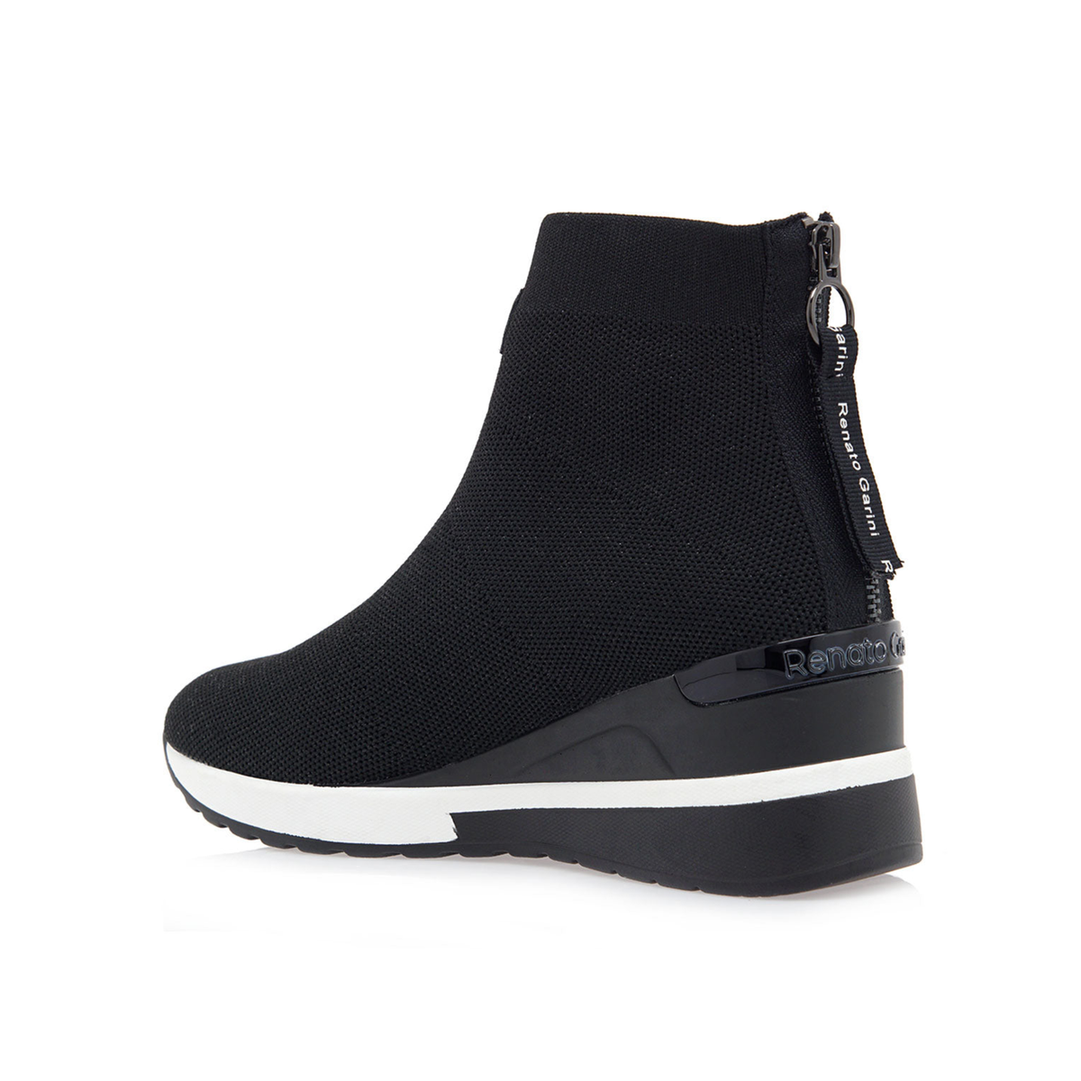 Renato Garini 34-210 black ankle boot with black branded zipper pull, inner rear angle showing glossy heel trim and wedge sole