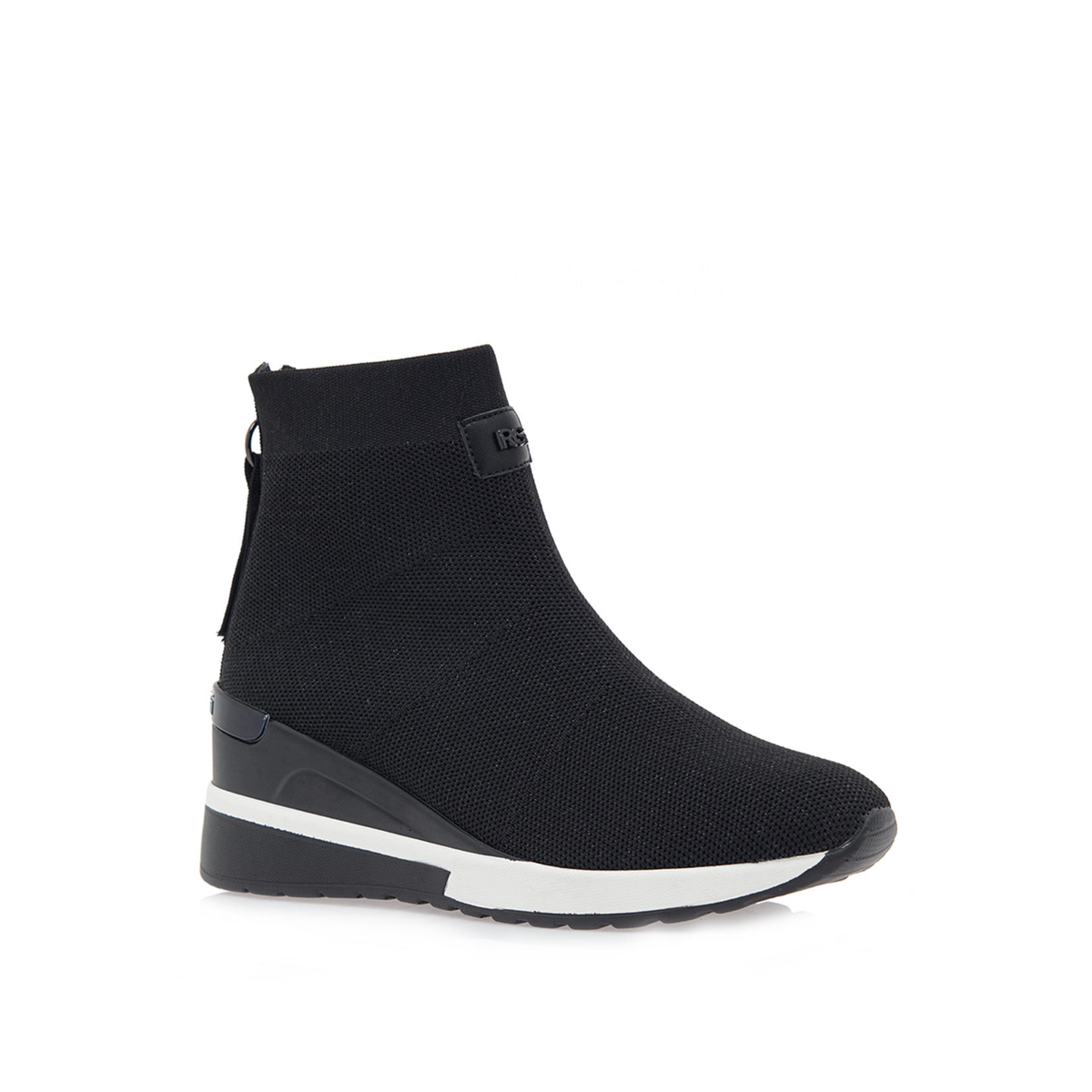 Renato Garini 34-210 black wedge ankle boot with black zipper pull, three-quarter view showing textured upper and contrasting white sole stripe