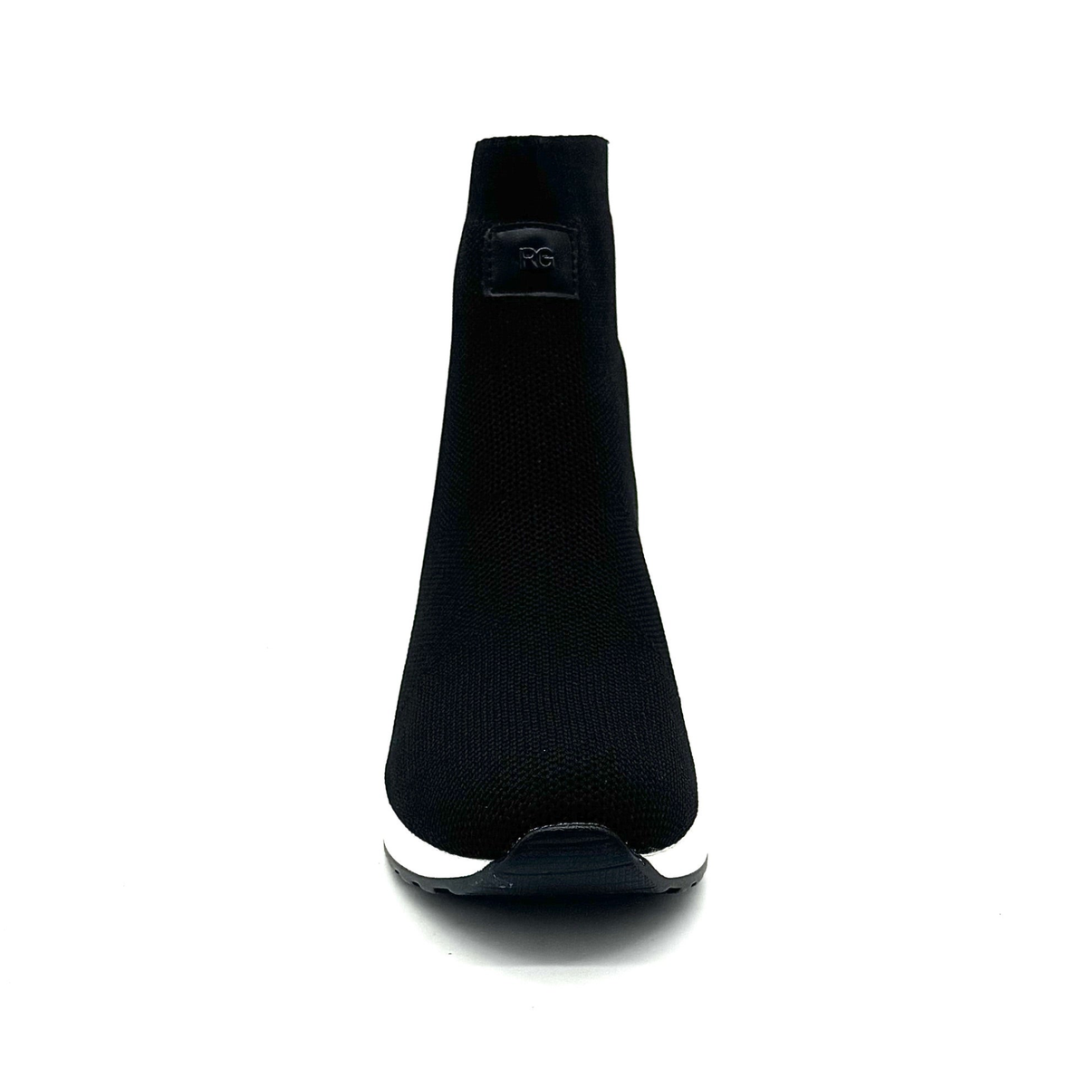 Front view of Renato Garini 34-210 black ankle boot in the Red Zipper option, showing rounded toe and tonal RG logo tab