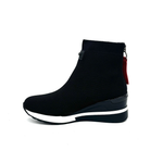Inside profile of Renato Garini 34-210 black wedge ankle boot with red back zipper pull and white sole stripe