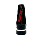 Rear view of Renato Garini 34-210 black ankle boot showing the red branded zipper pull, back zip and wedge heel