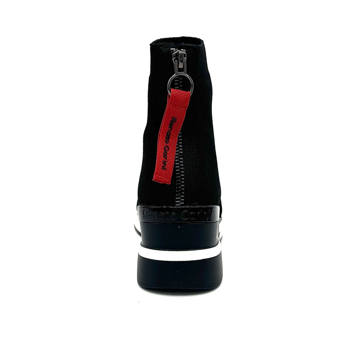 Rear view of Renato Garini 34-210 black ankle boot showing the red branded zipper pull, back zip and wedge heel