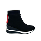 Renato Garini 34-210 black wedge ankle boot with red zipper pull and contrasting white sole stripe, side profile