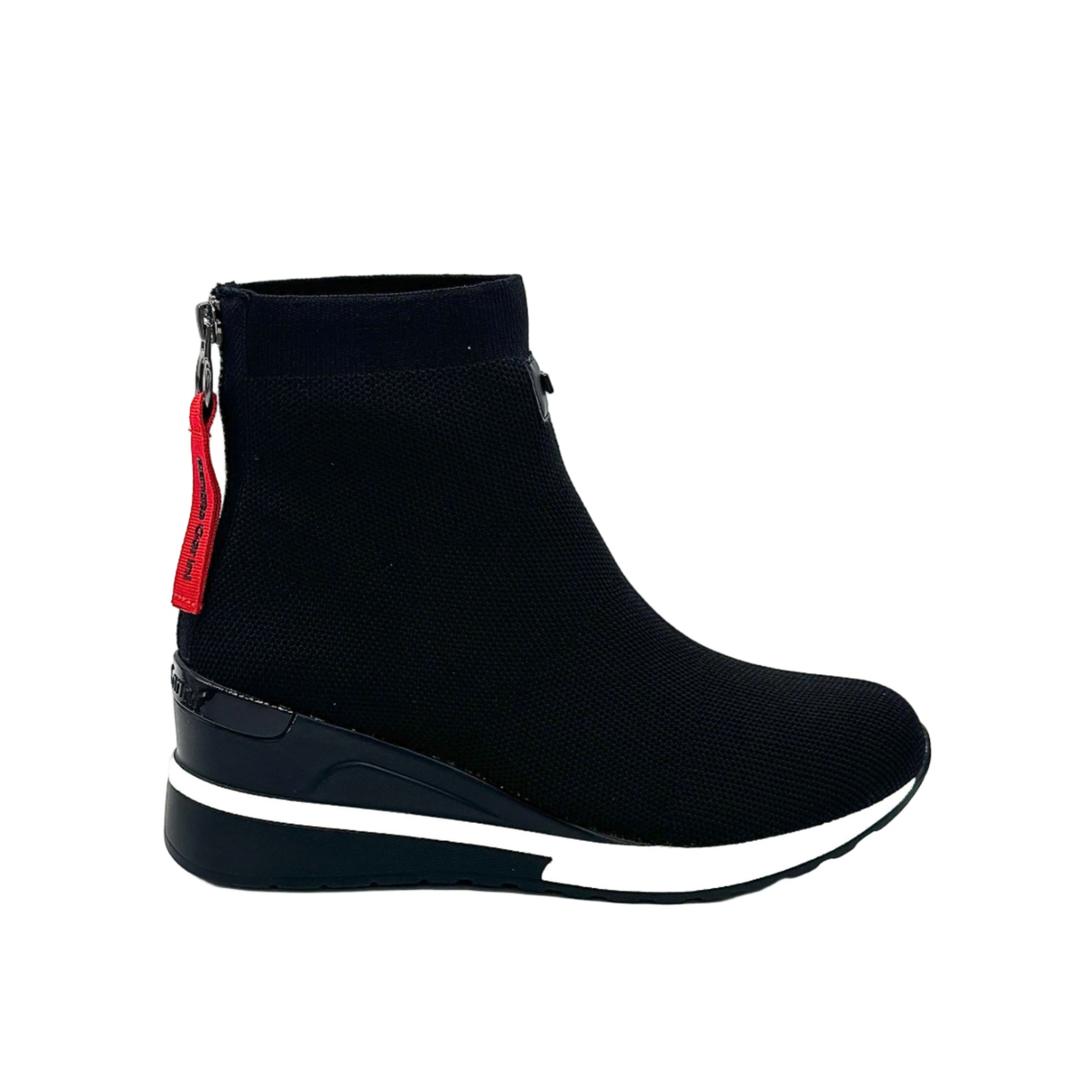Renato Garini 34-210 black wedge ankle boot with red zipper pull and contrasting white sole stripe, side profile