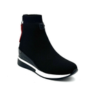 Renato Garini 34-210 black ankle boot with red zipper pull at a three-quarter angle, showing textured upper and wedge sole