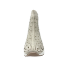 Front view of Renato Garini 34-210B beige stretch knit sneaker boot with crystal embellishments