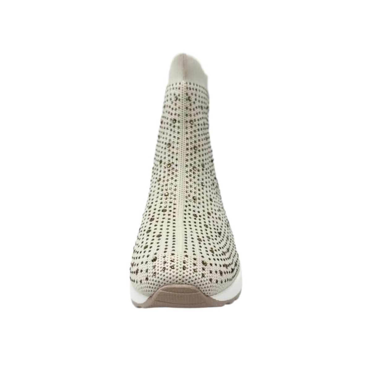 Front view of Renato Garini 34-210B beige stretch knit sneaker boot with crystal embellishments