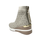 Rear angled view of Renato Garini 34-210B beige wedge sneaker boot showing back zipper and metallic heel accent
