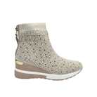 Renato Garini 34-210B beige crystal knit wedge sneaker boot with contrasting white sole stripe, side profile