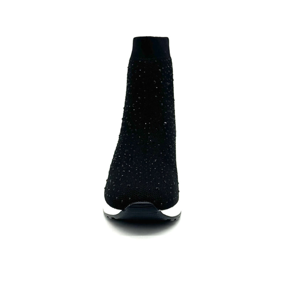 Front view of Renato Garini 34-210B black stretch knit sneaker boot with crystal embellishments and rounded toe