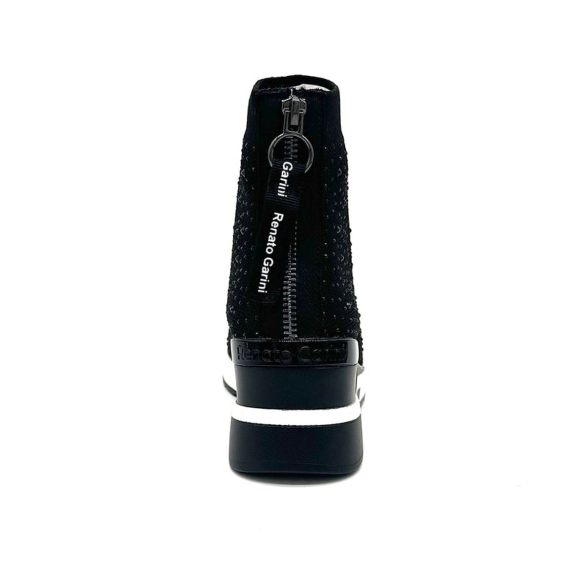 Rear view of Renato Garini 34-210B black wedge sneaker boot showing back zipper and pull tab