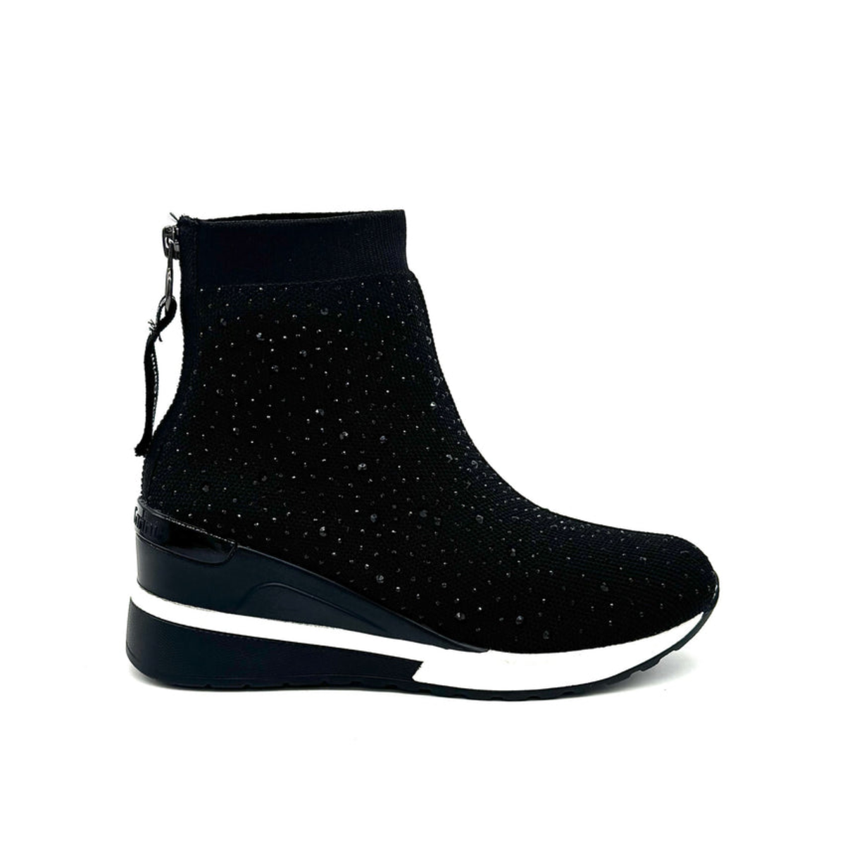 Renato Garini 34-210B black crystal-embellished knit wedge sneaker boot with contrasting white sole stripe, side profile