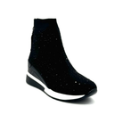Renato Garini 34-210B black knit wedge sneaker boot at a three-quarter angle, showing crystal accents and rounded toe