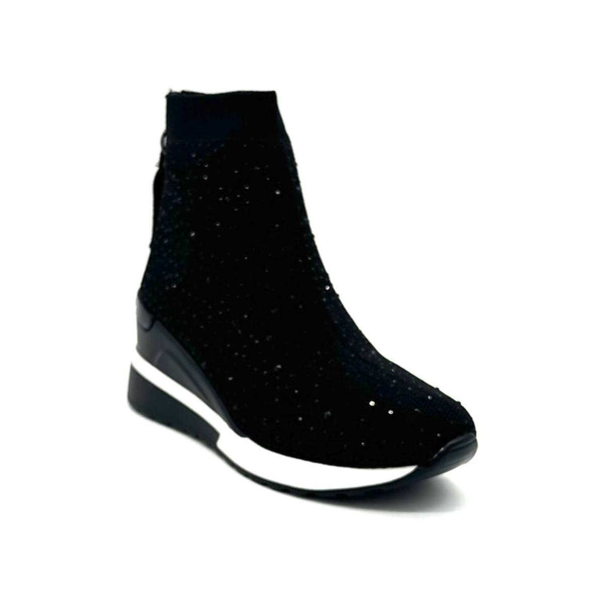 Renato Garini 34-210B black knit wedge sneaker boot at a three-quarter angle, showing crystal accents and rounded toe