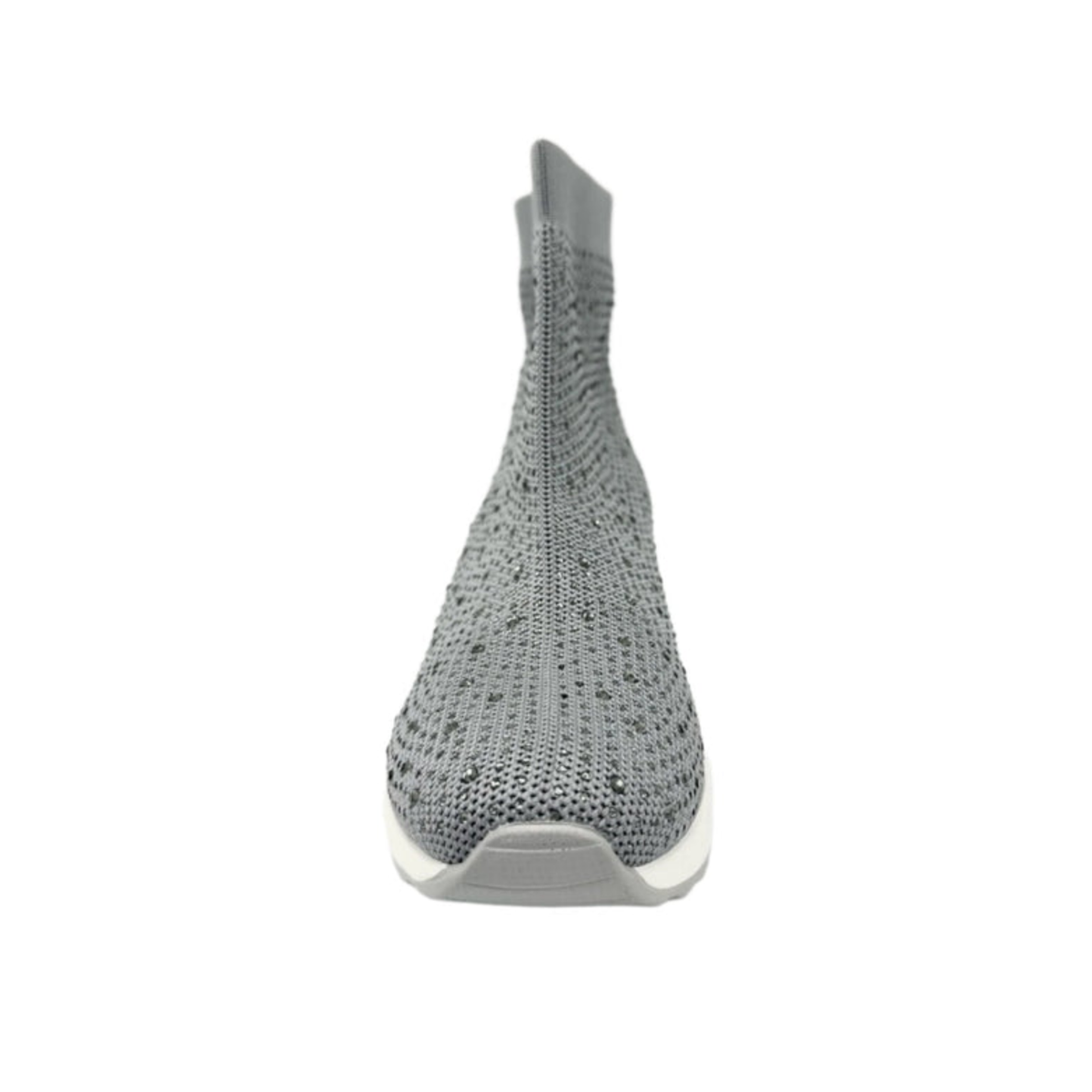 Front view of Renato Garini 34-210B silver knit wedge sneaker boot with sparkling crystal accents
