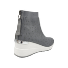 Rear angled view of Renato Garini 34-210B silver sneaker boot showing back zipper, pull tab and white wedge sole