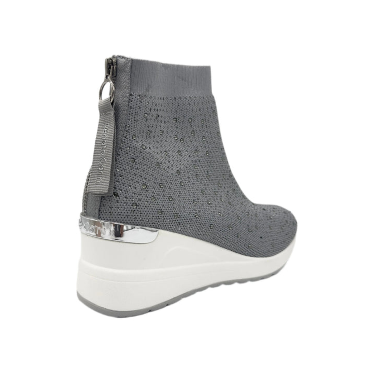 Rear angled view of Renato Garini 34-210B silver sneaker boot showing back zipper, pull tab and white wedge sole