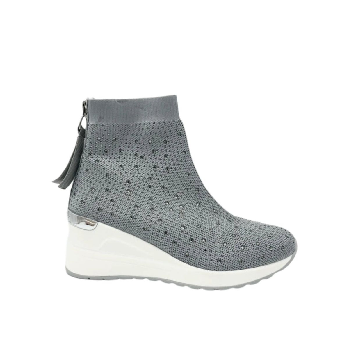 Renato Garini 34-210B silver crystal knit wedge sneaker boot with white platform sole, side profile