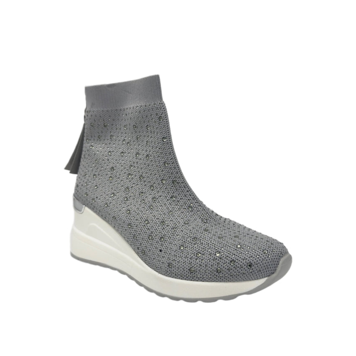 Renato Garini 34-210B silver embellished knit sneaker boot at a three-quarter angle, showing rounded toe and wedge sole
