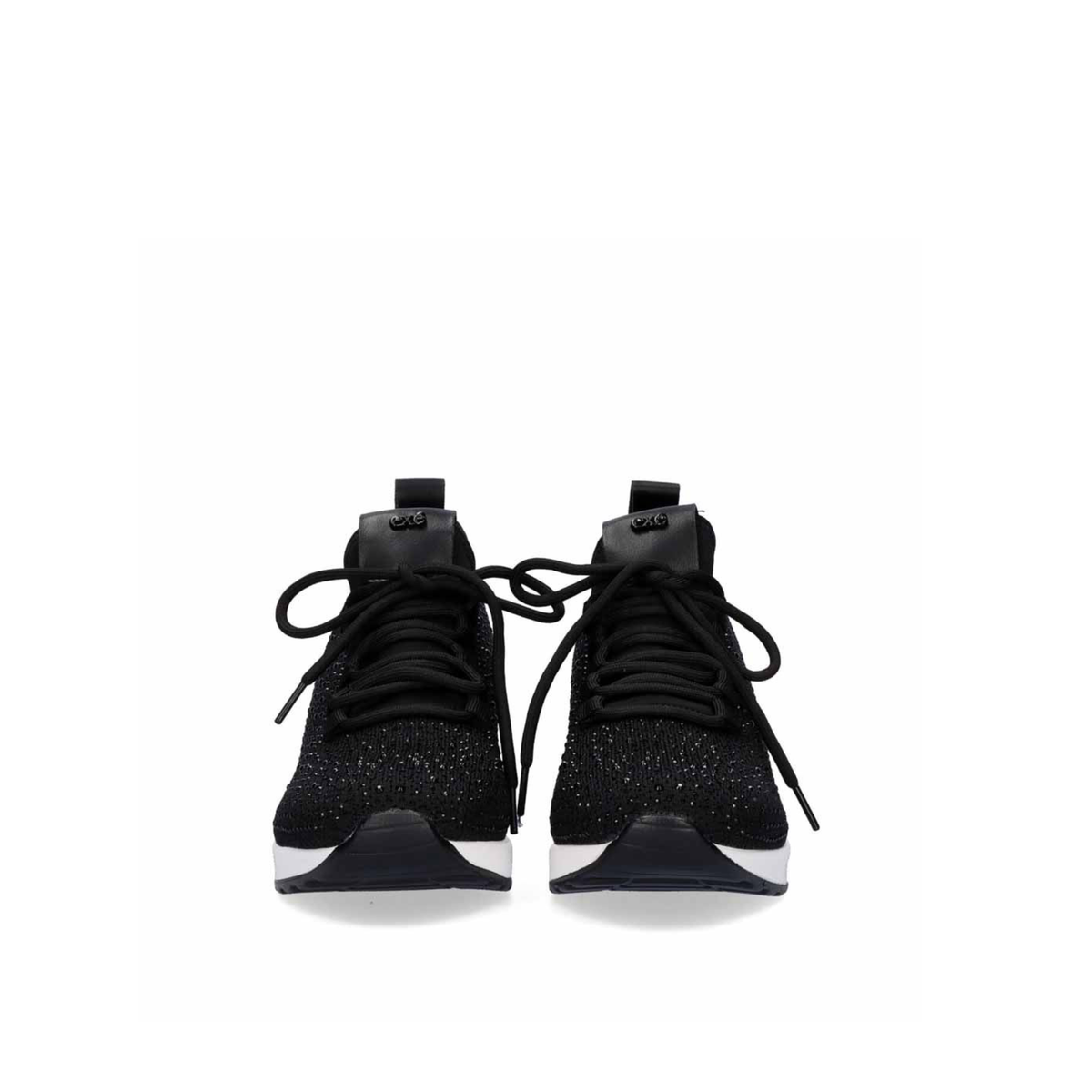 Front view of Renato Garini 34-31EX13 black wedge sneakers with lace-up fronts, rounded toes and stone embellishment