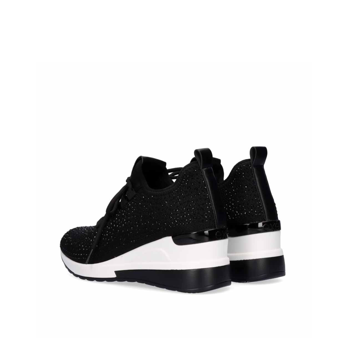 Rear angled view of Renato Garini 34-31EX13 black embellished sneakers showing wedge soles and glossy heel accents