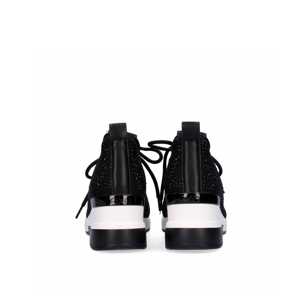 Rear view of Renato Garini 34-31EX13 black wedge sneakers showing heel pull tabs and contrasting white soles