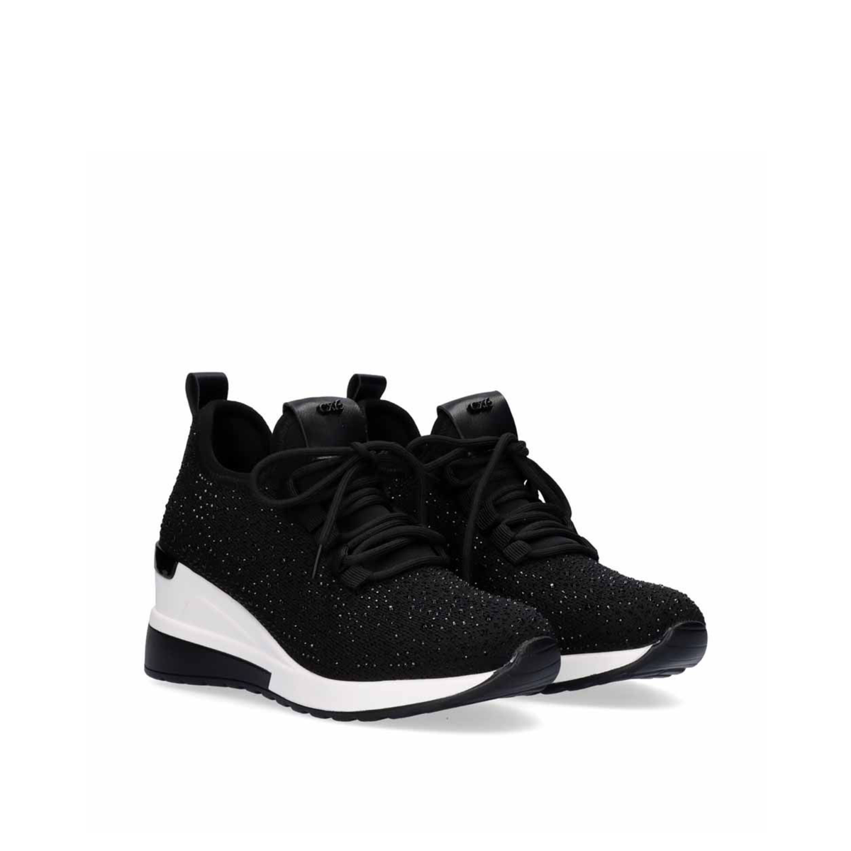 Pair of Renato Garini 34-31EX13 black embellished wedge sneakers at a three-quarter angle, showing tonal laces and sparkling uppers