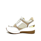 Inside profile of Renato Garini 34-41EX50 off-white and beige wedge sneaker with textured side panel and metallic heel accent