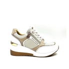 Renato Garini 34-41EX50 off-white and beige wedge sneaker with textured side panel and light gold heel trim, side profile
