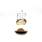 Front view of Renato Garini 34-41EX50 white and camel wedge sneaker with white laces and gold-tone textured toe panel