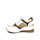Inside profile of Renato Garini 34-41EX50 white and camel wedge sneaker with contrasting panels and gold-tone heel accent