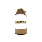 Rear view of Renato Garini 34-41EX50 white and camel wedge sneaker showing metallic heel band and tan tread