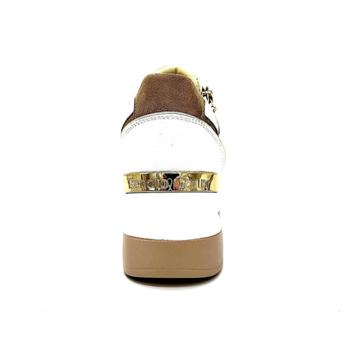 Rear view of Renato Garini 34-41EX50 white and camel wedge sneaker showing metallic heel band and tan tread