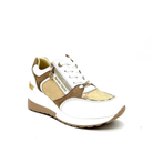 Renato Garini 34-41EX50 white and camel wedge sneaker at a three-quarter angle, showing laces and textured gold-tone toe panel