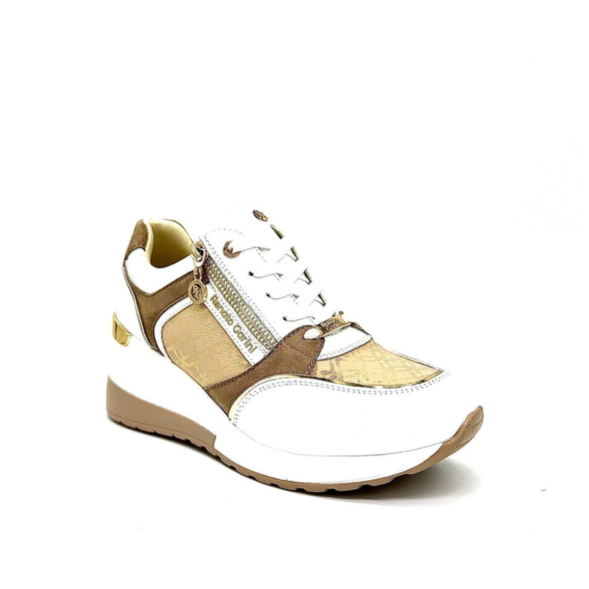 Renato Garini 34-41EX50 white and camel wedge sneaker at a three-quarter angle, showing laces and textured gold-tone toe panel