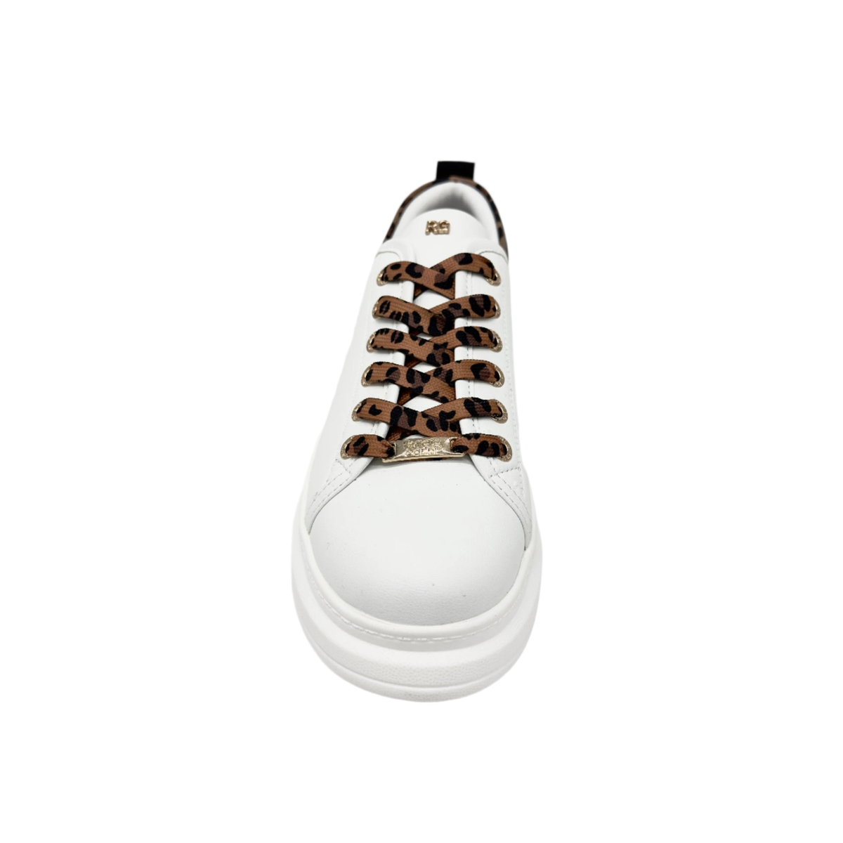 RENATO GARINI 66-22WEX106 platform sneaker in Leopard/White, front view showing the laces and rounded toe
