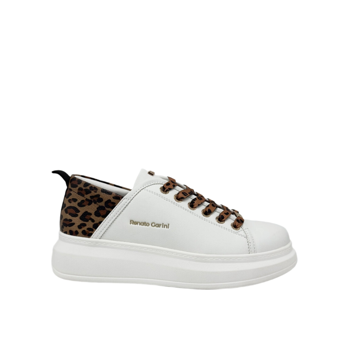 RENATO GARINI 66-22WEX106 platform sneaker in Leopard/White, side profile showing the platform sole and heel panel