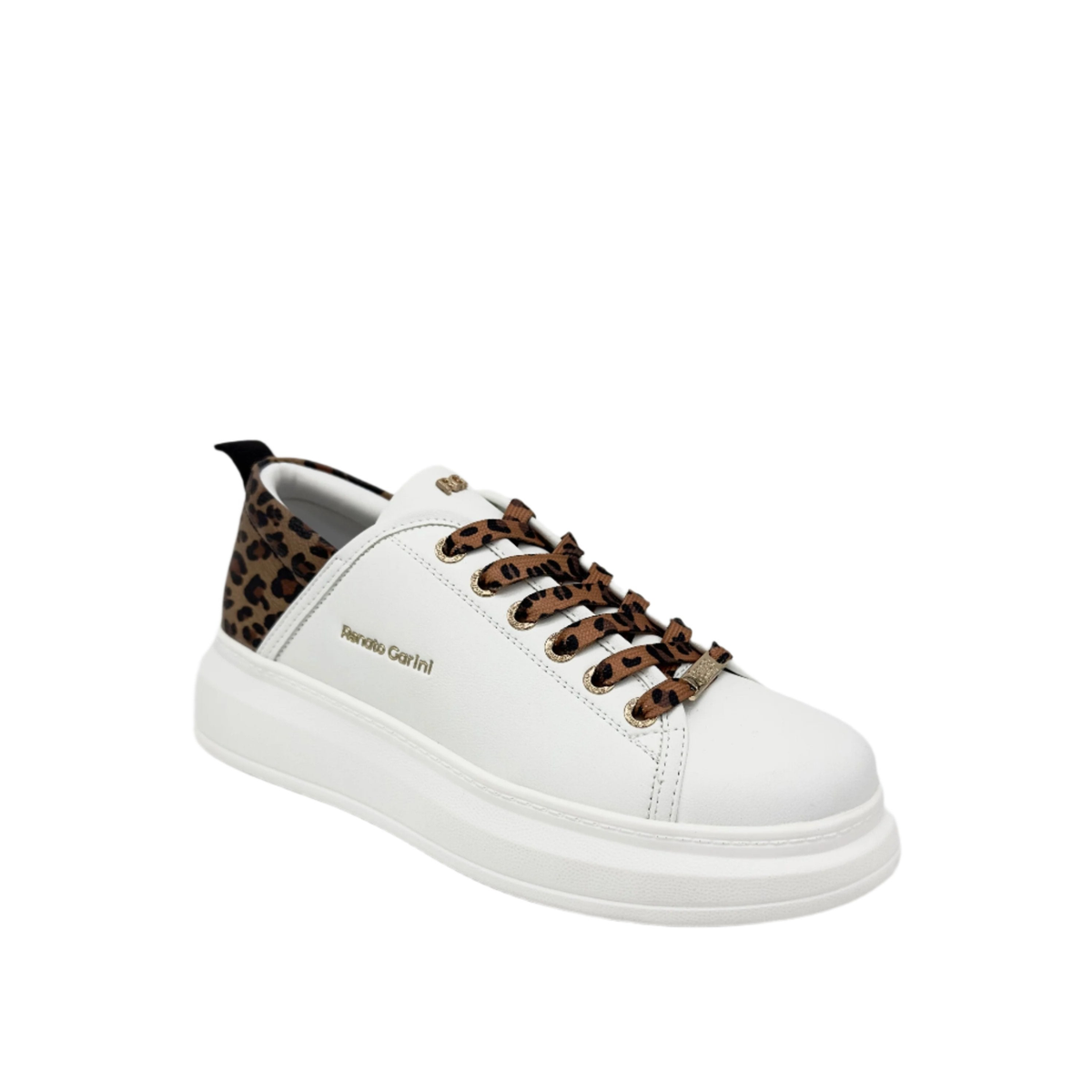 RENATO GARINI 66-22WEX106 platform sneaker in Leopard/White, three-quarter view showing the lace-up front and rounded toe