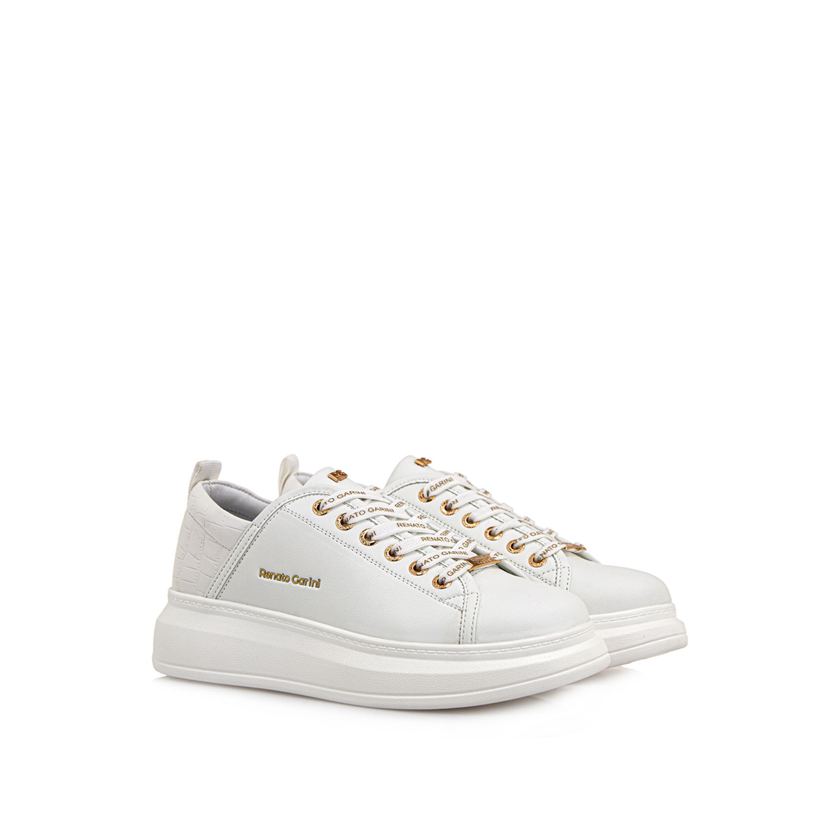 RENATO GARINI 66-22WEX106 platform sneaker in White, three-quarter view showing the lace-up front and rounded toe