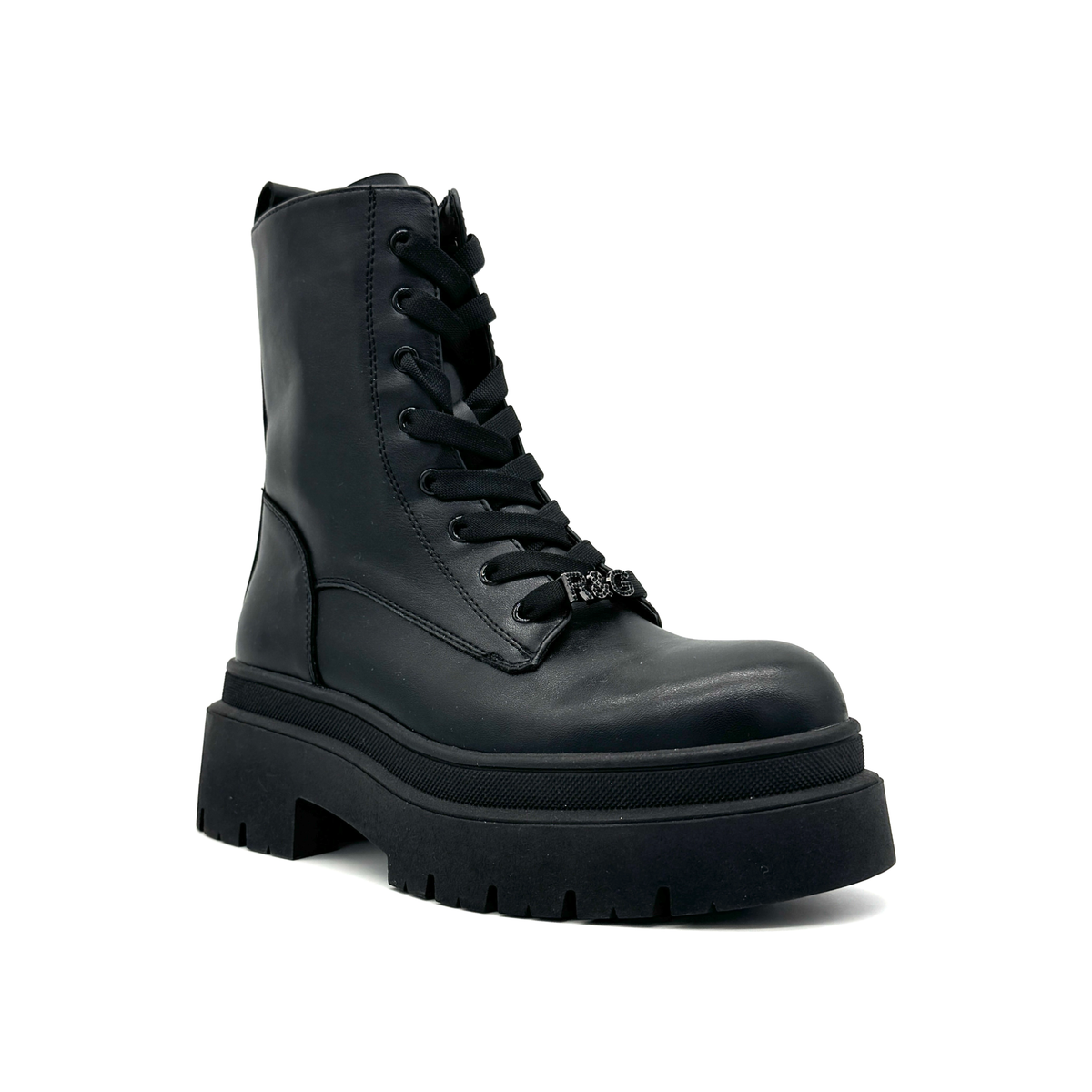Renato Garini 671-62RG12 black platform combat boot with embellished lace details, three-quarter view.