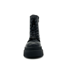 Renato Garini 671-62RG12 black platform combat boot with embellished R&G lace detail, front view.