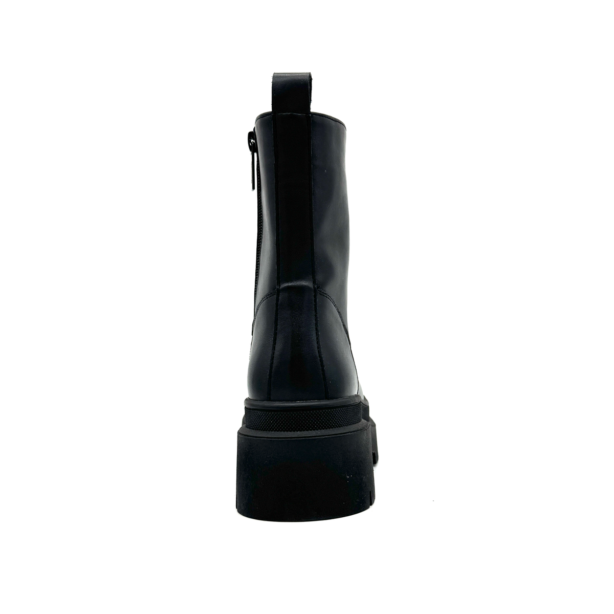 Renato Garini 671-62RG12 black platform combat boot, rear view with back pull tab and chunky lug sole.
