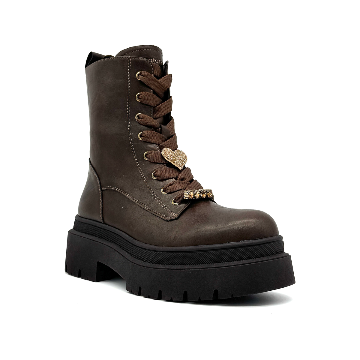 Renato Garini 671-62RG12 brown platform combat boot with gold-tone accents and heart charm, three-quarter view.